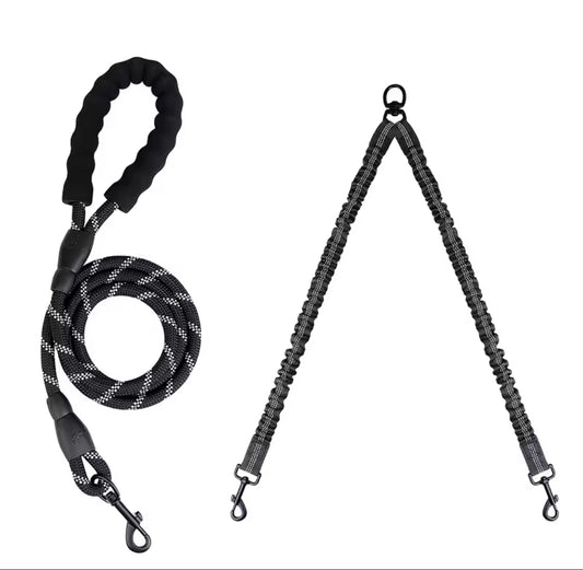 🐕‍🦺🐕 Double Dog Leash with Bungee Extension – No-Tangle, Heavy-Duty & Shock Absorbing Lead 🚶‍♂️✨